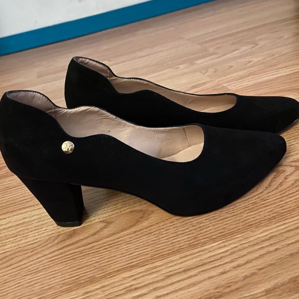 Black Faux Suede Chunky Heels